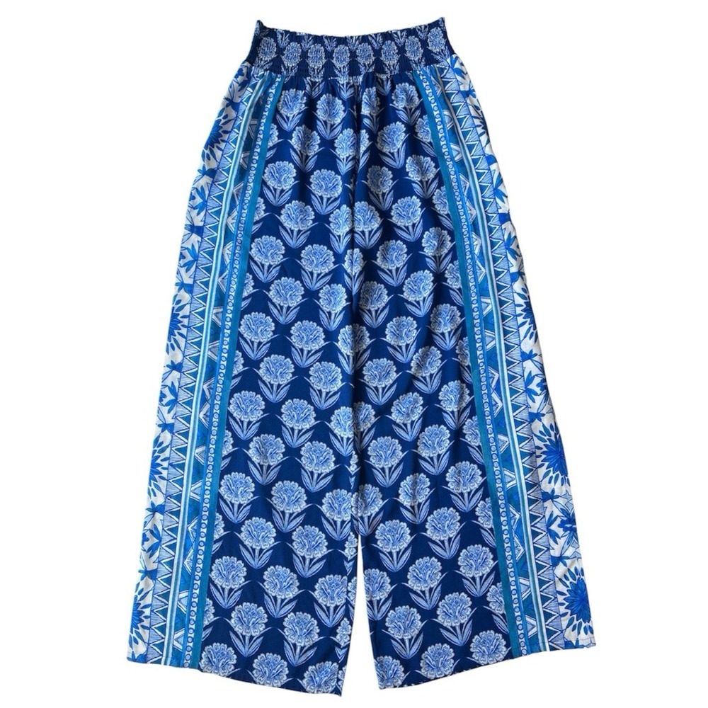 Johnny Was Pant Culottes Yao Wide Leg M Blue Floral Pull On Boho Resort Chic Y2K